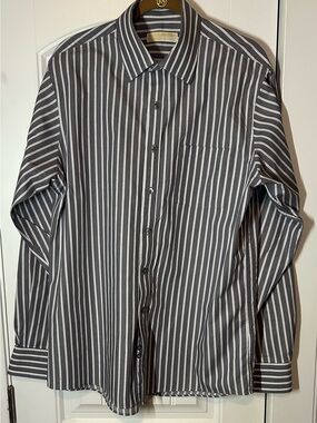 Michael Kors Gray and White Vertical Stripe Dress Shirt